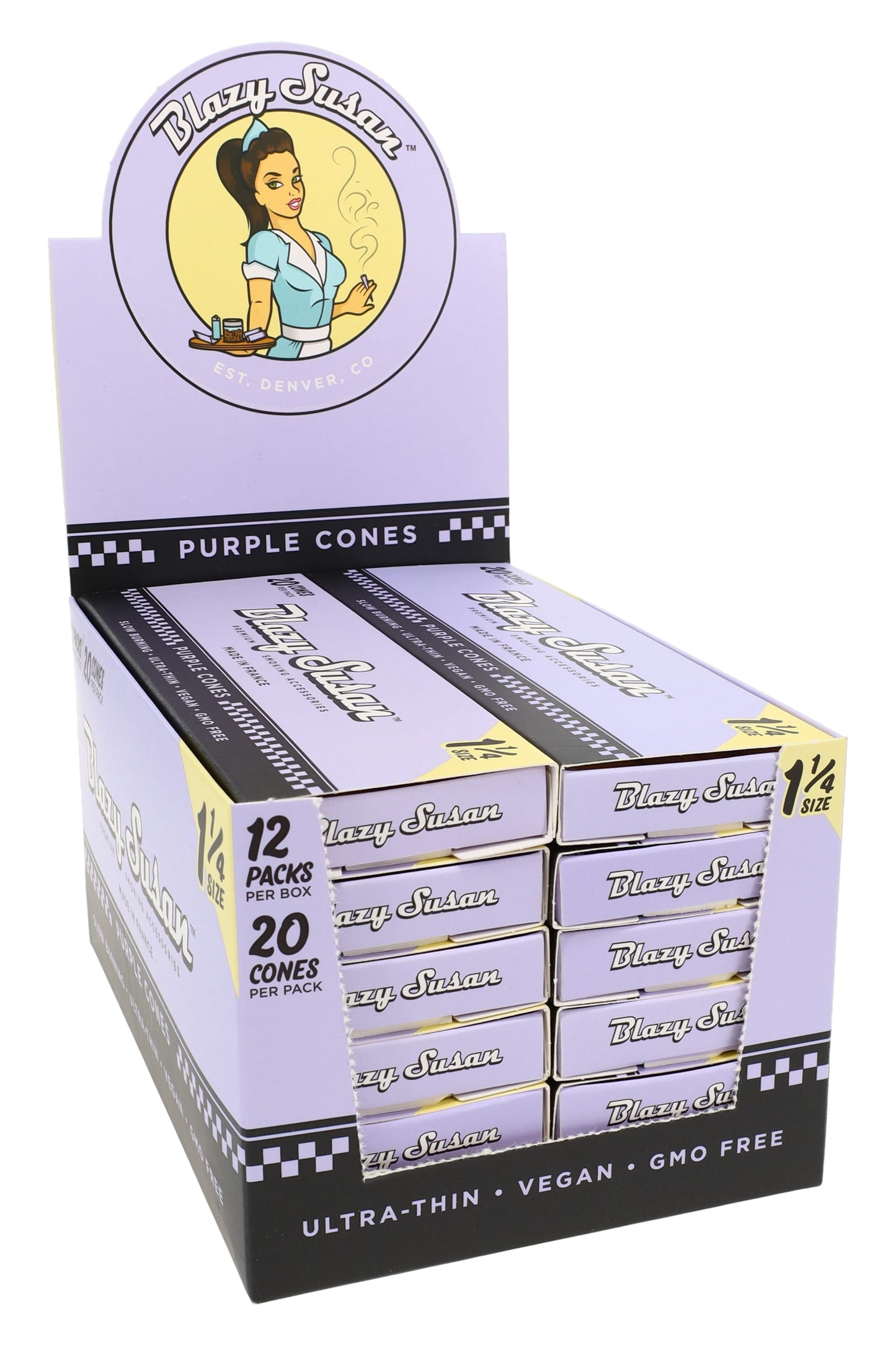 Blazy Susan 1¼ Pre-Rolled Cones – Pink or Purple – 20/Pack – 12-Count Display